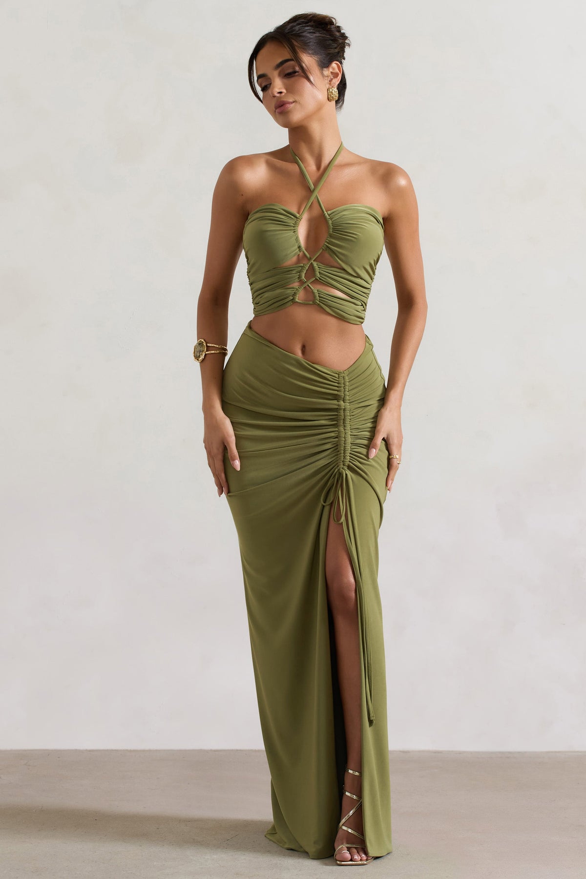 Cabo | Olive Ruched Split Maxi Skirt