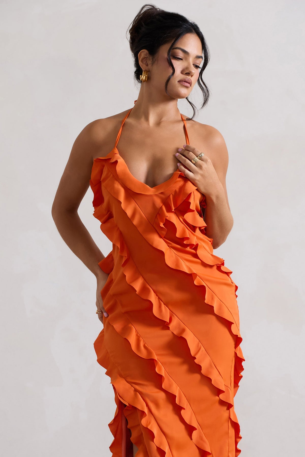 Full On | Orange V-Neck Ruffle Maxi Dress