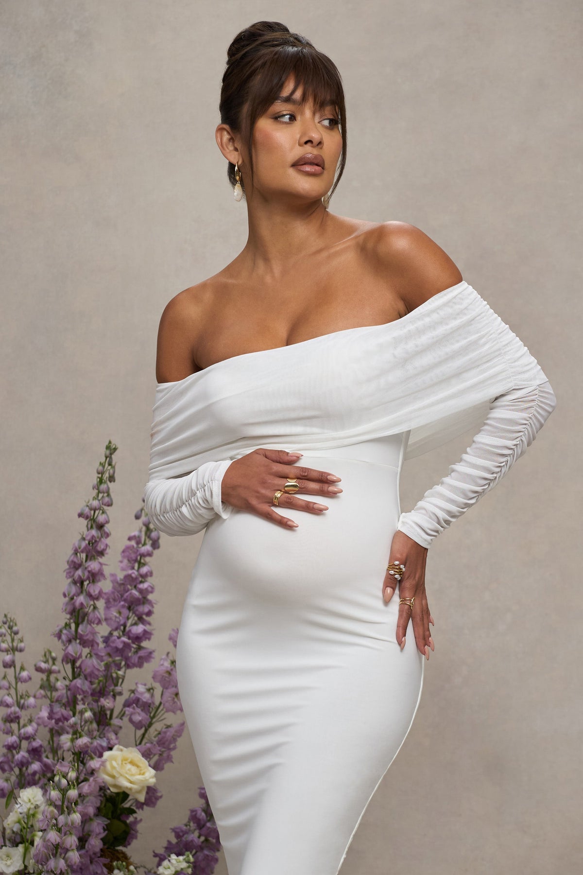 Patiently Waiting | White Maternity Ruched Mesh Bardot Midi Dress