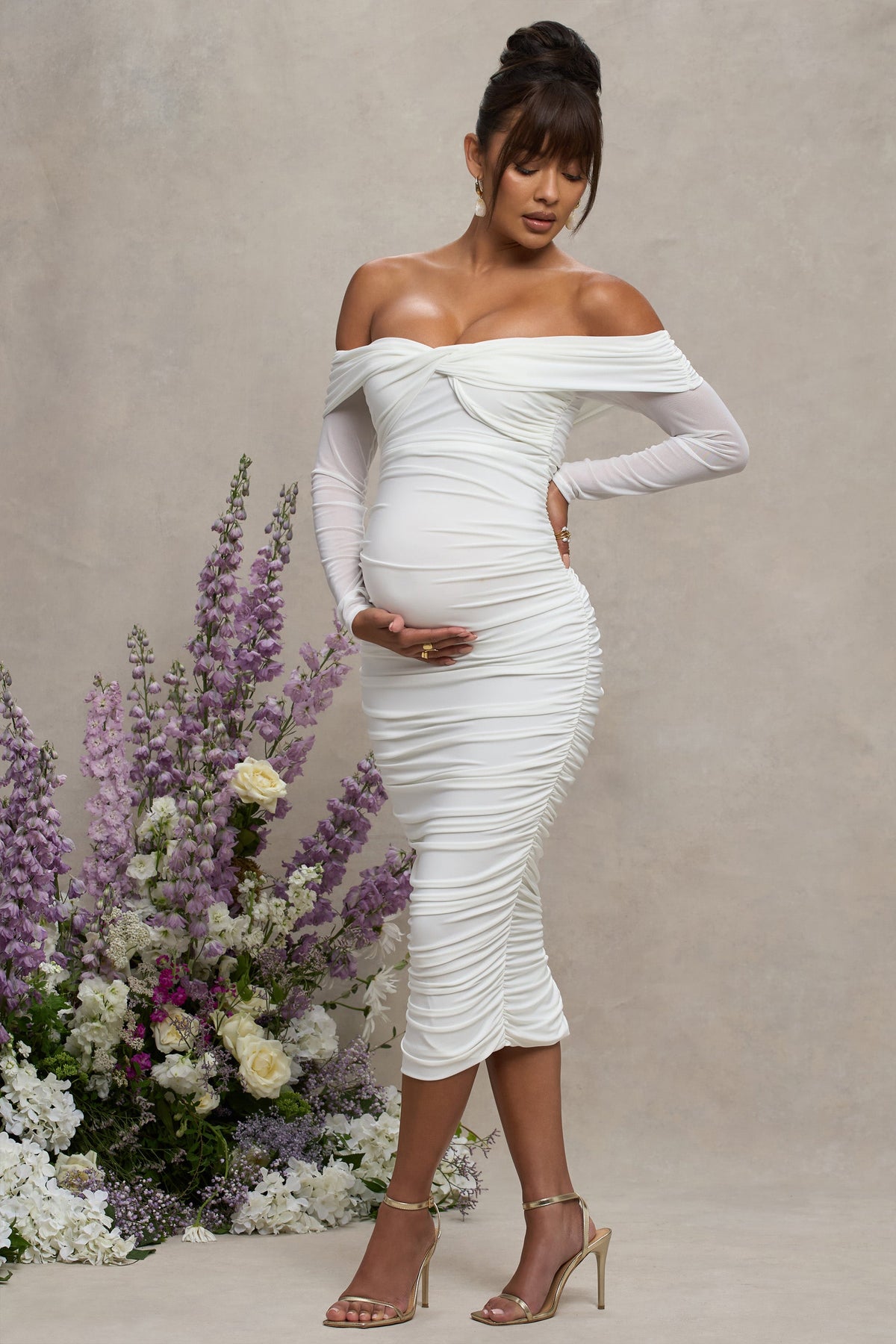 Neva | White Bardot Twist Maternity Midi Dress