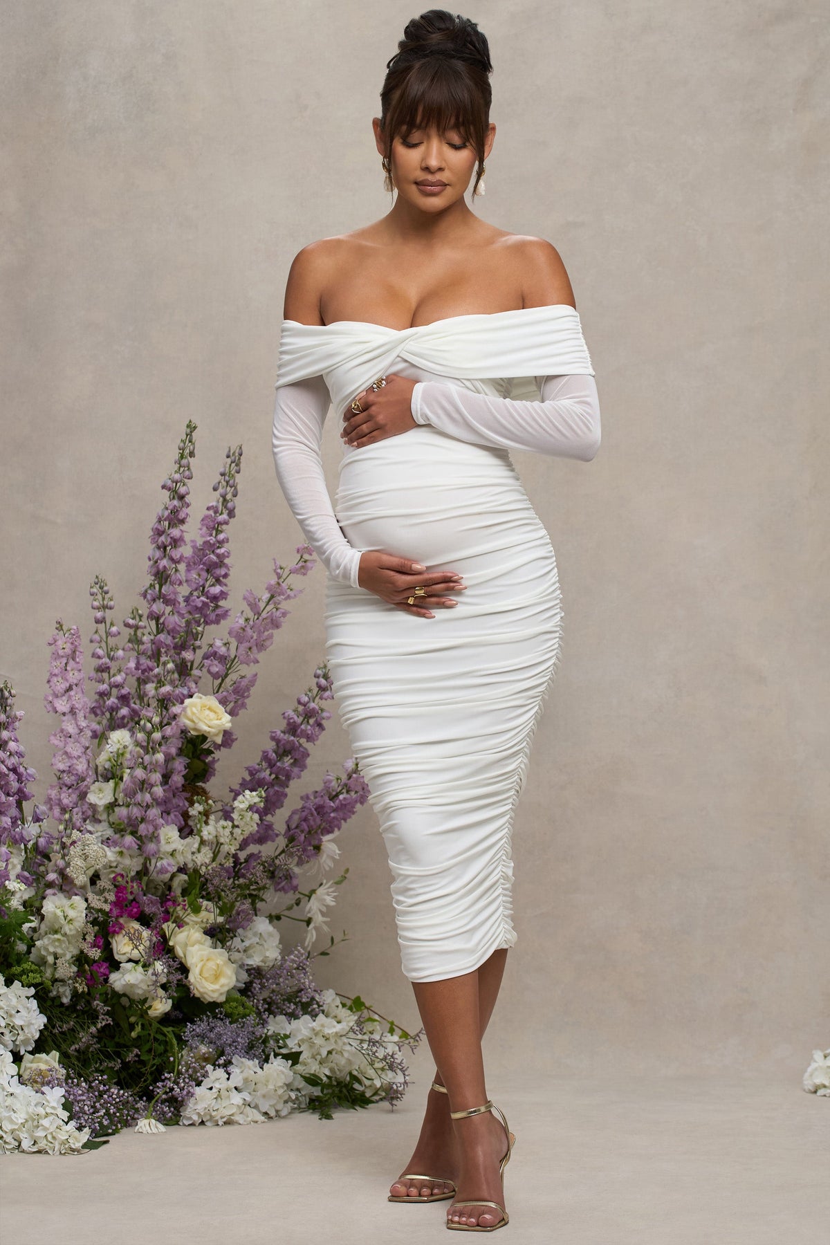 Neva | White Bardot Twist Maternity Midi Dress