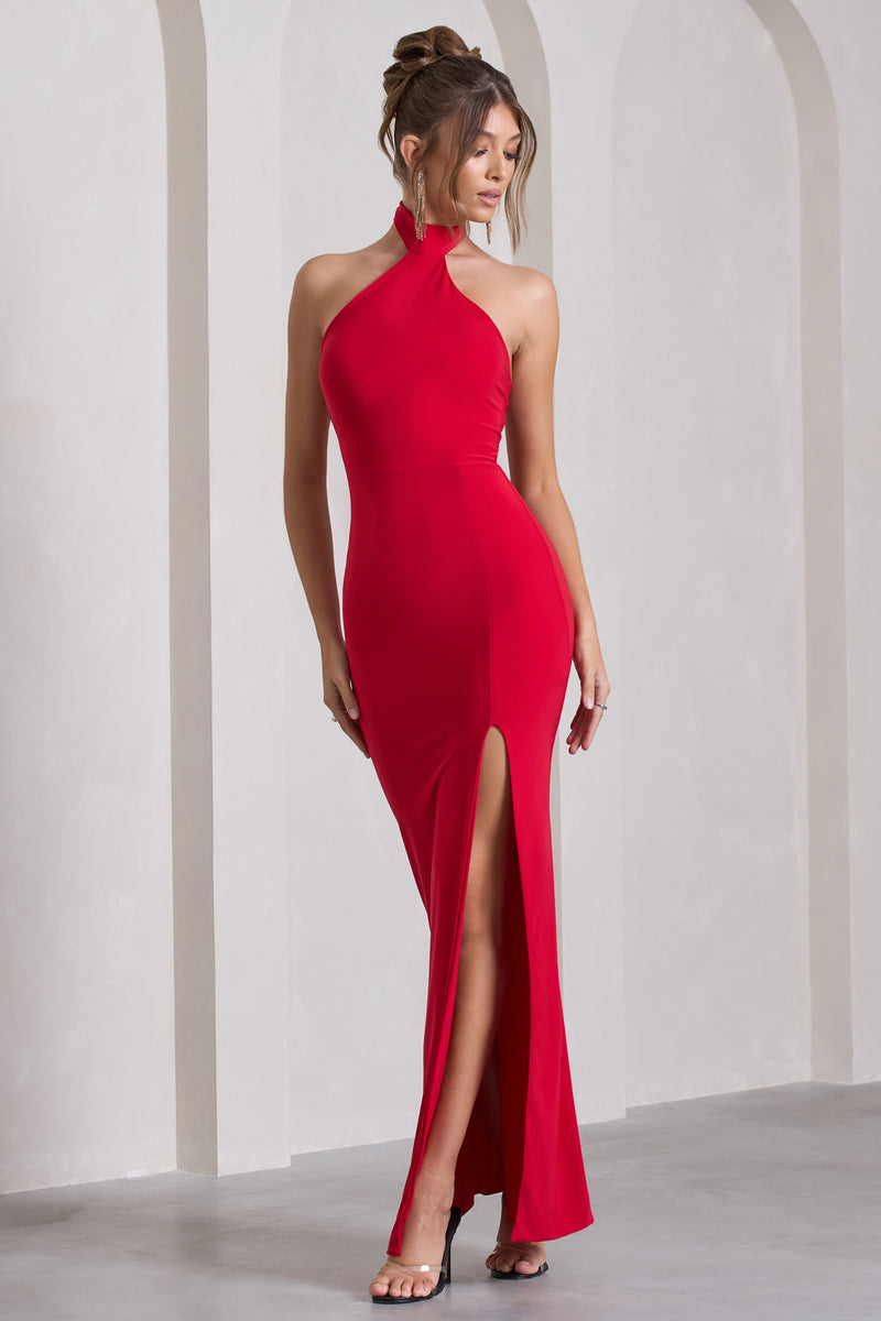 Pamela Red Halter Neck Sleeveless Split Maxi Dress Club L London UAE