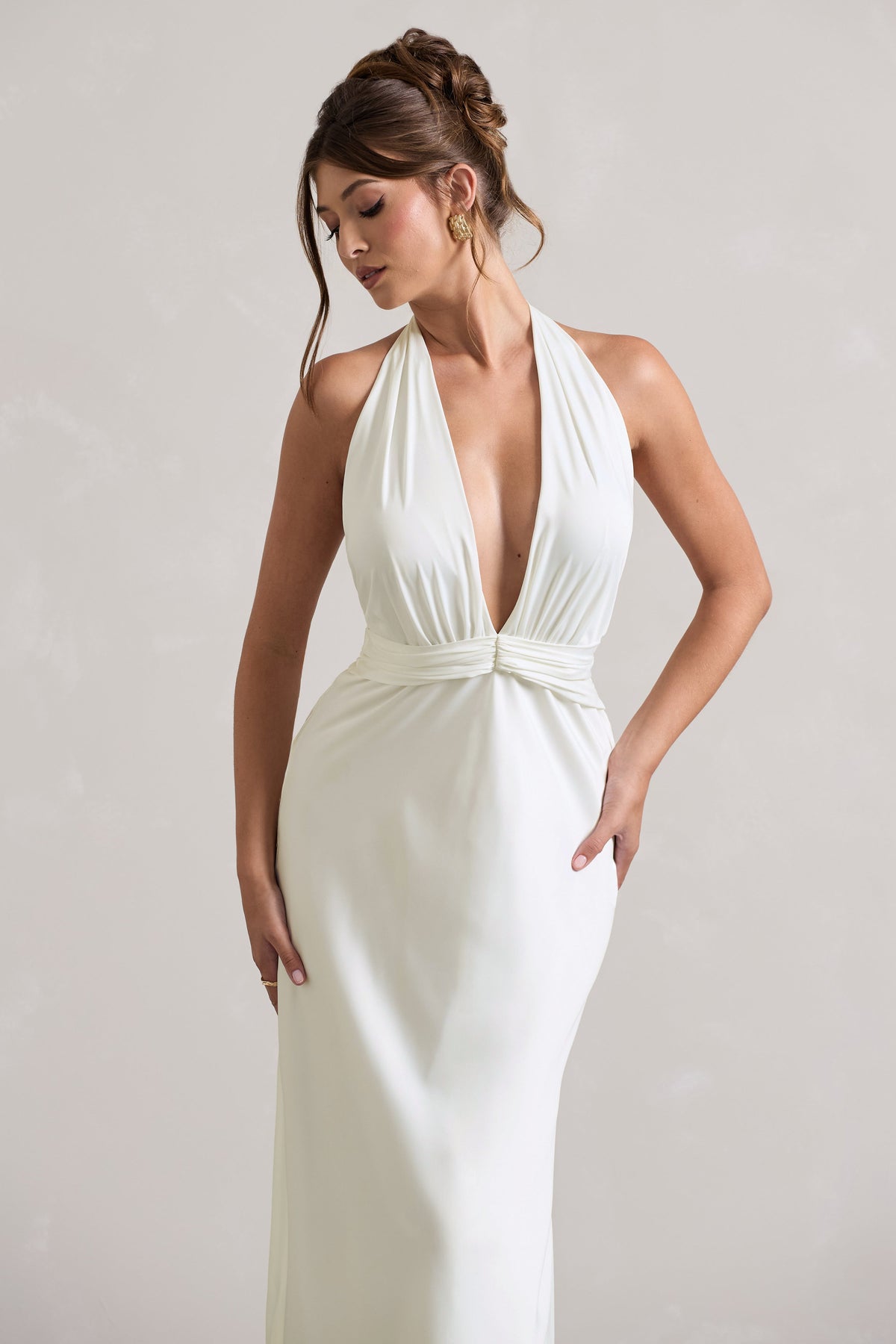 Carolyn | Ivory Satin Plunge Maxi Dress With Dipped Hem