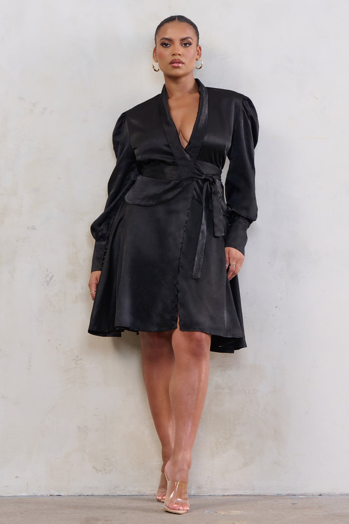 Cosmic Chic | Plus Black Satin Wrap Mini Dress