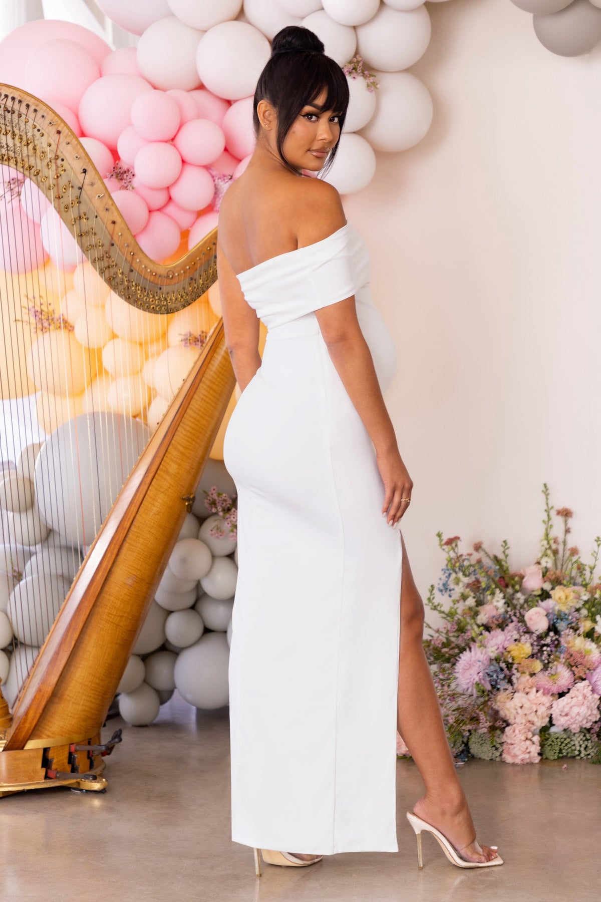 Graceful | White Maternity One Shoulder Split Hem Maxi Dress