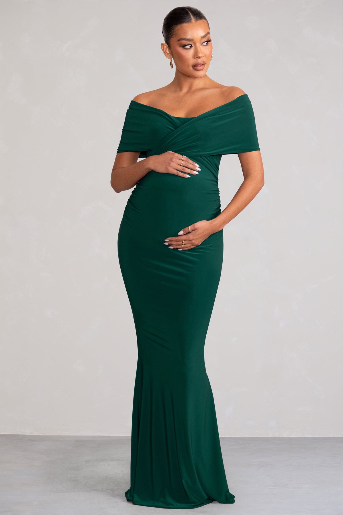 Amal Bottle Green Bardot Wrap Neckline Maternity Maxi Dress Club L London UAE