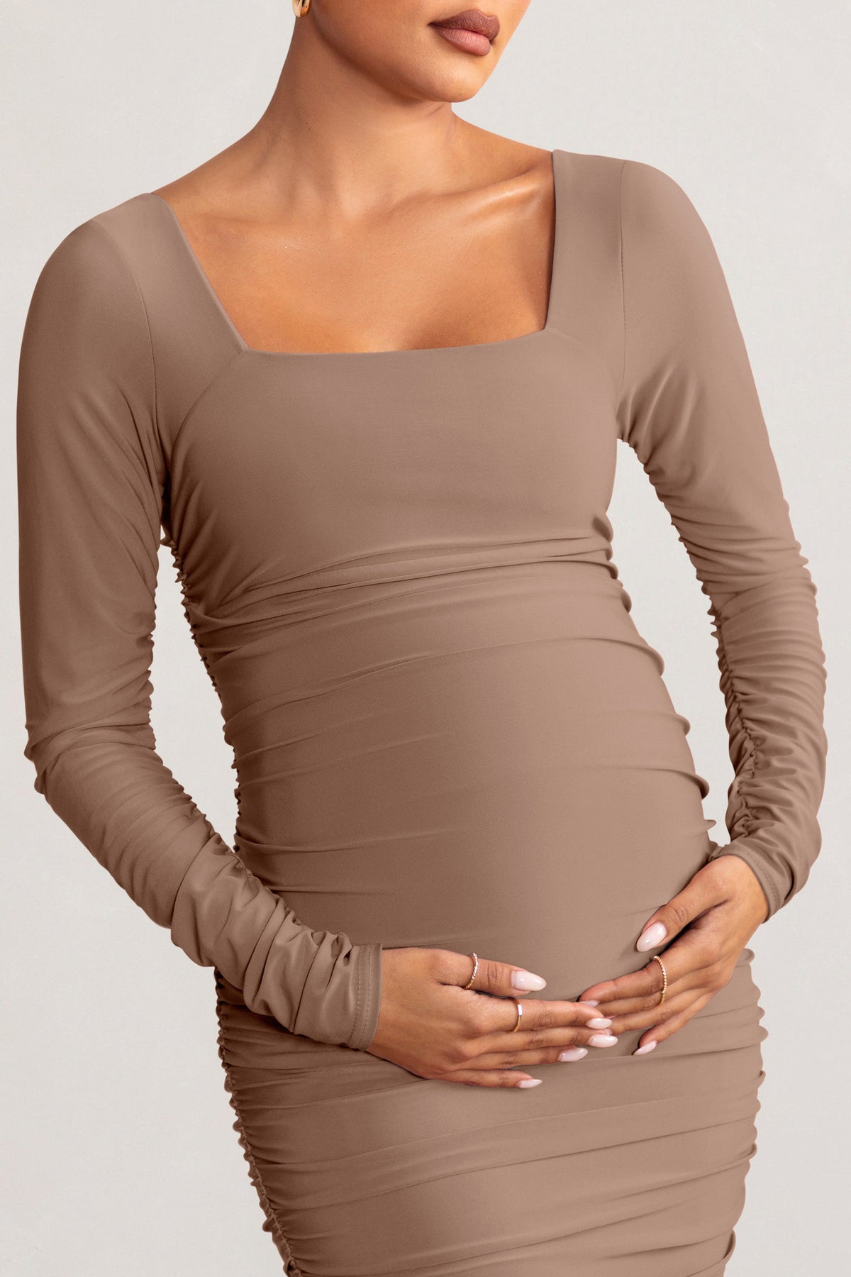 New Life | Mocha Maternity Square Neck Ruched Midi Dress