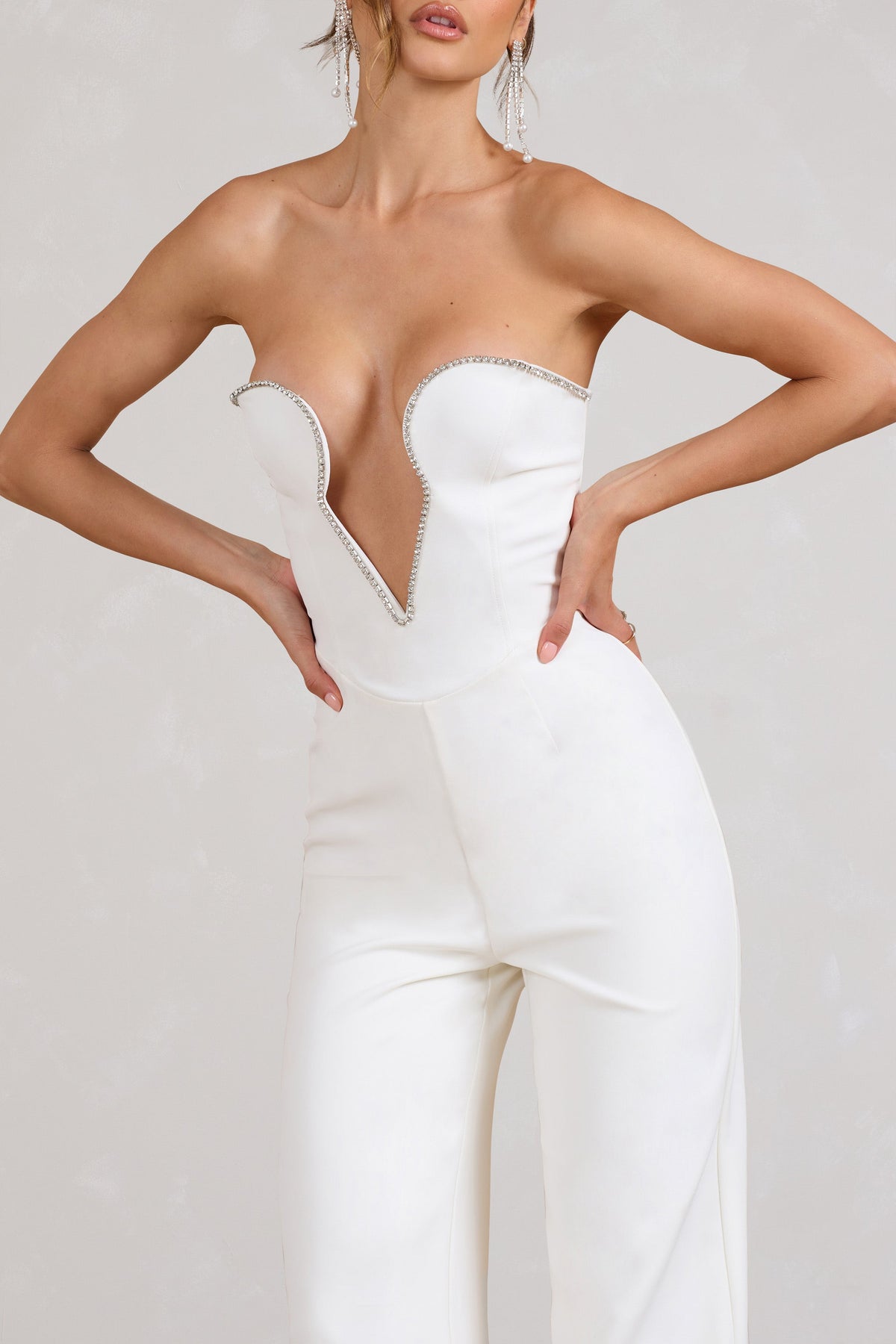 Julia | White Extreme Plunge Cut Out Wide Leg Jumpsuit