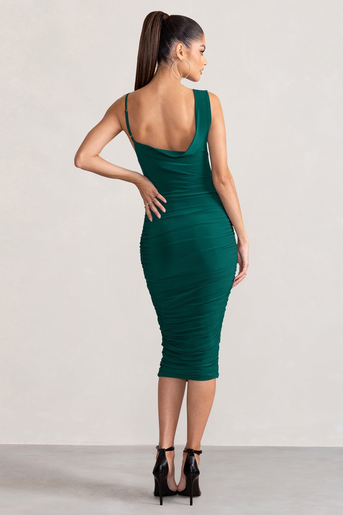 Leona | Bottle Green Asymmetric Cowl Neck Midi Dress With Ruching Detail