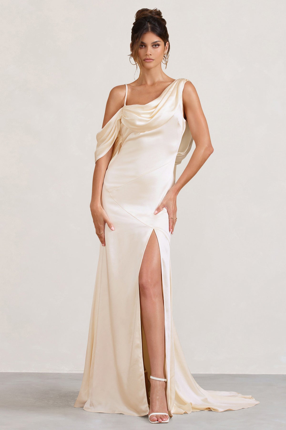 Jayne | Cream Satin Asymmetric Draped Split Maxi Dress