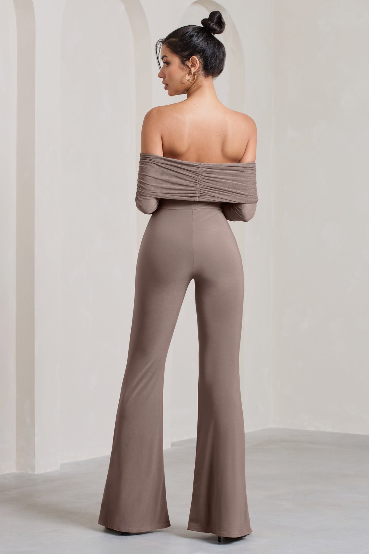 Whisper | Mocha Ruched Mesh Bardot Jumpsuit