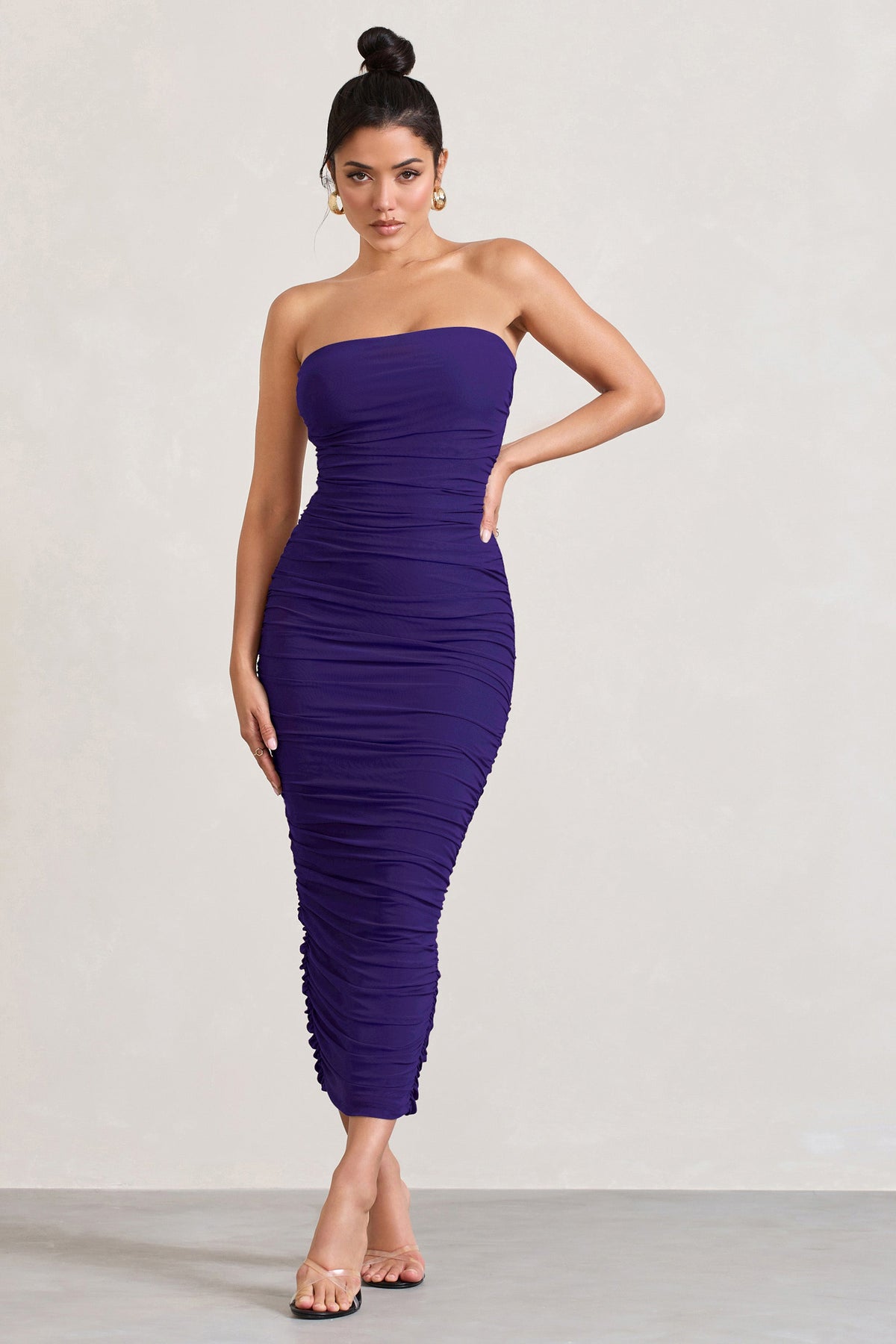 My Lady Purple Strapless Bodycon Ruched Mesh Maxi Dress Club L London UAE