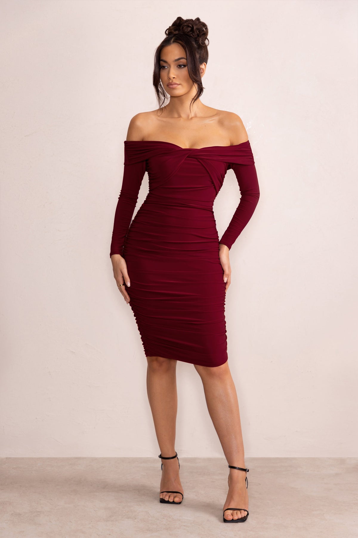 Lulu | Burgundy Twist Front Bardot Midi Dress With Sleeves