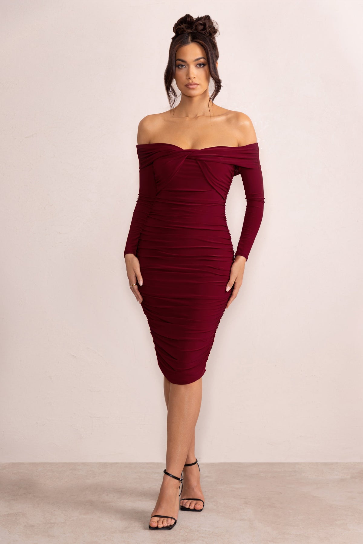 Lulu | Burgundy Twist Front Bardot Midi Dress With Sleeves