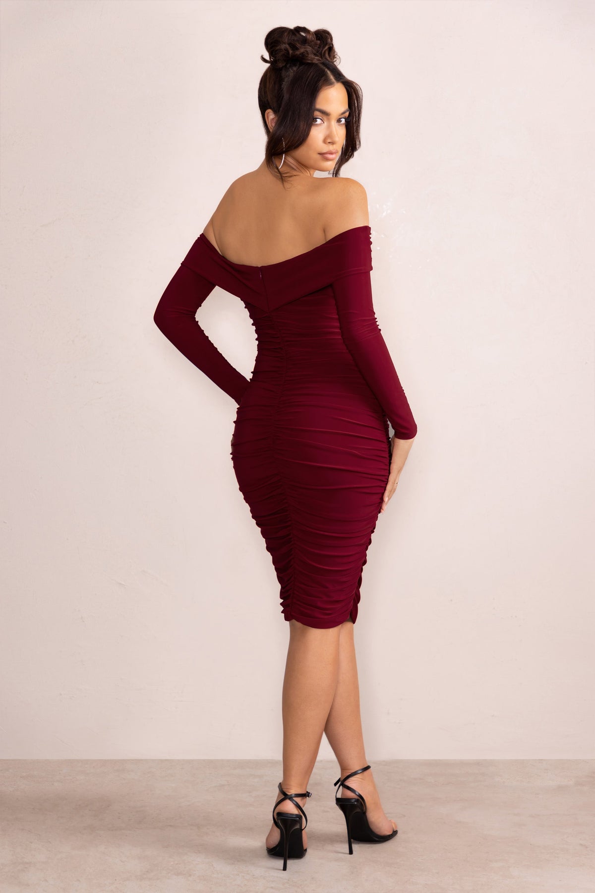 Lulu | Burgundy Twist Front Bardot Midi Dress With Sleeves