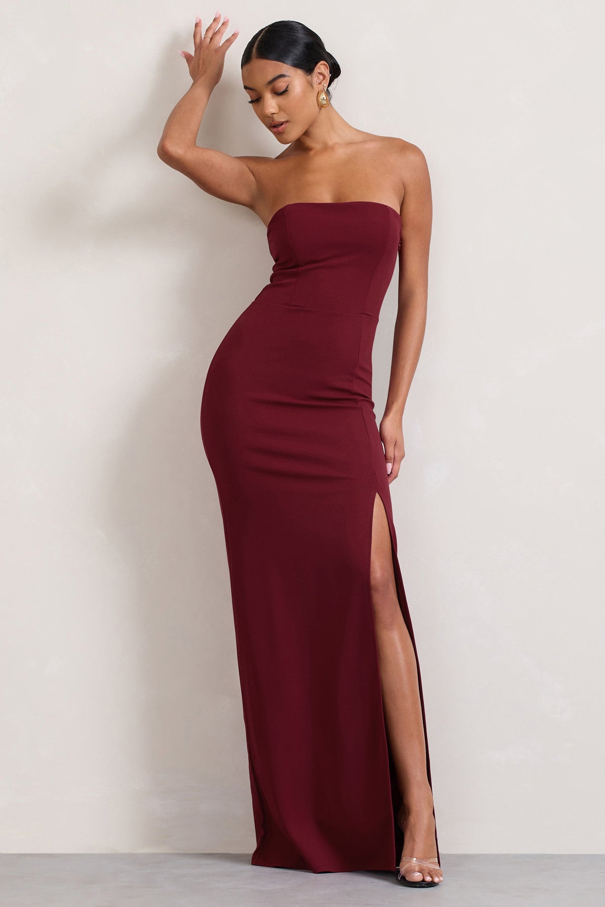 Belle of The Ball | Berry Bandeau Maxi Dress With Split Hem