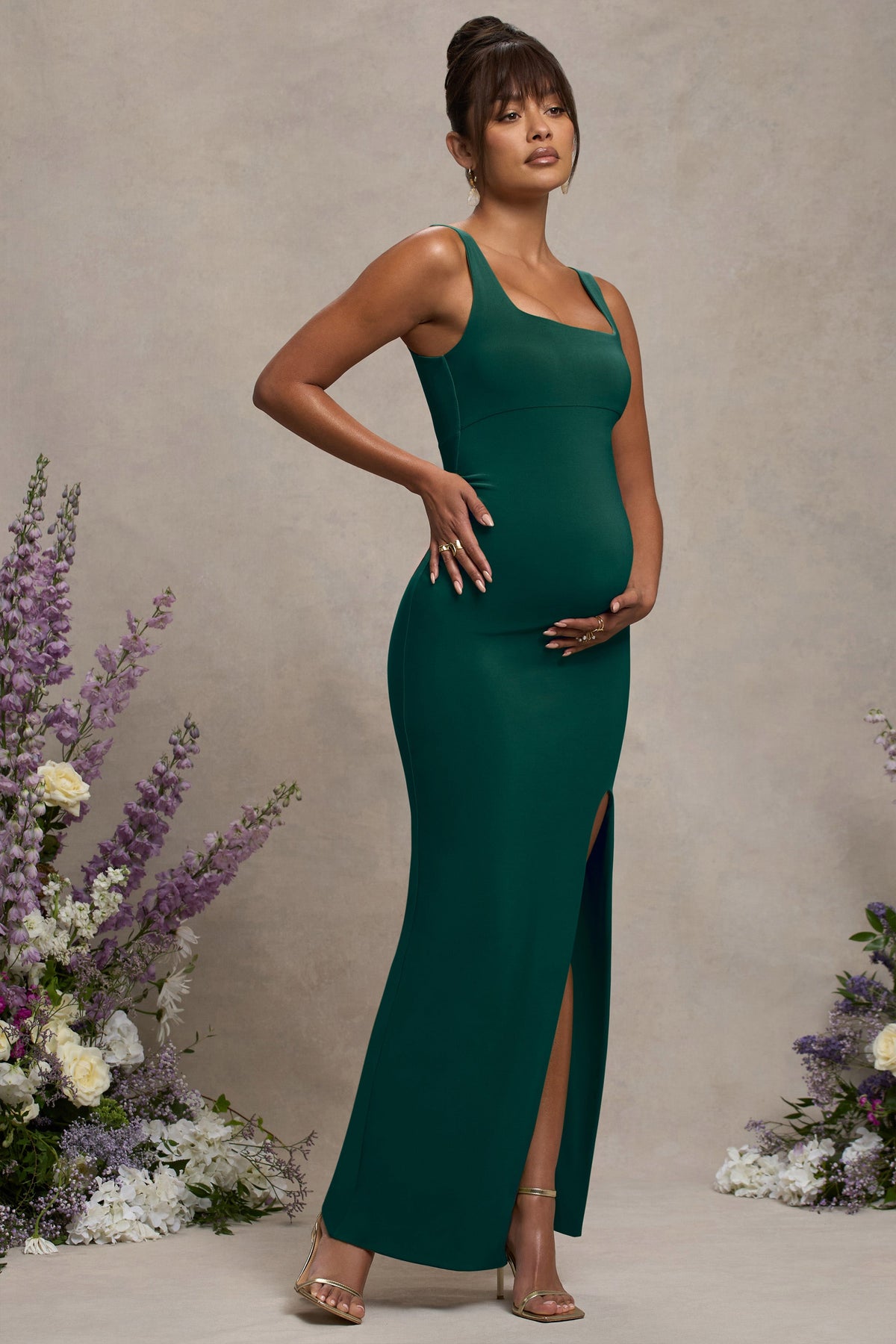Avril Bottle Green Square Neck Maternity Maxi Dress with Split Club L London UAE
