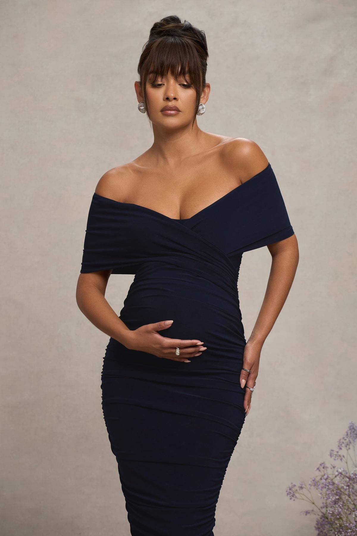 Unwrapped | Navy Ruched Twist Bardot Maternity Midi Dress
