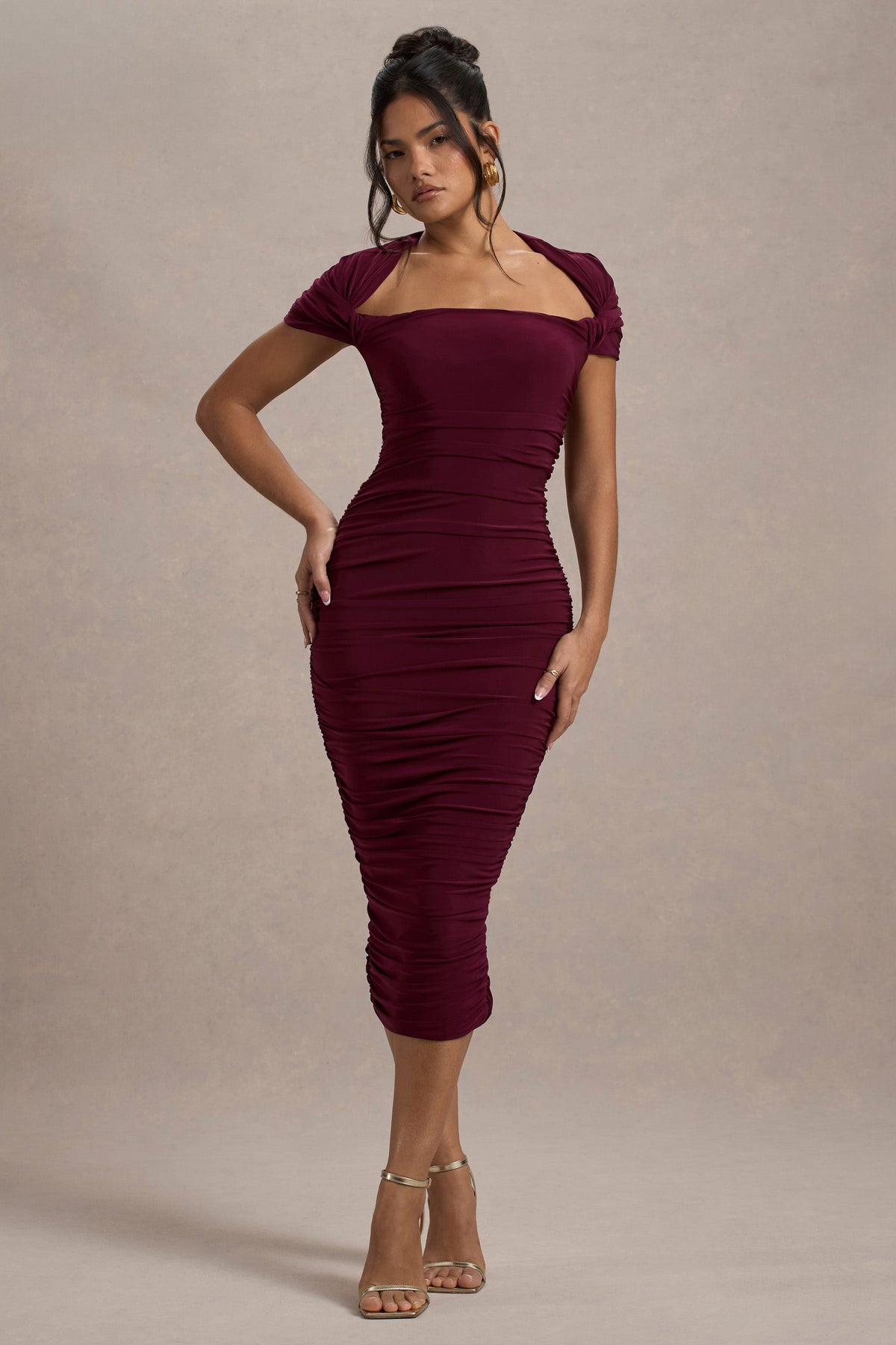 Paxos | Burgundy Ruched Short-Sleeve Midi Dress