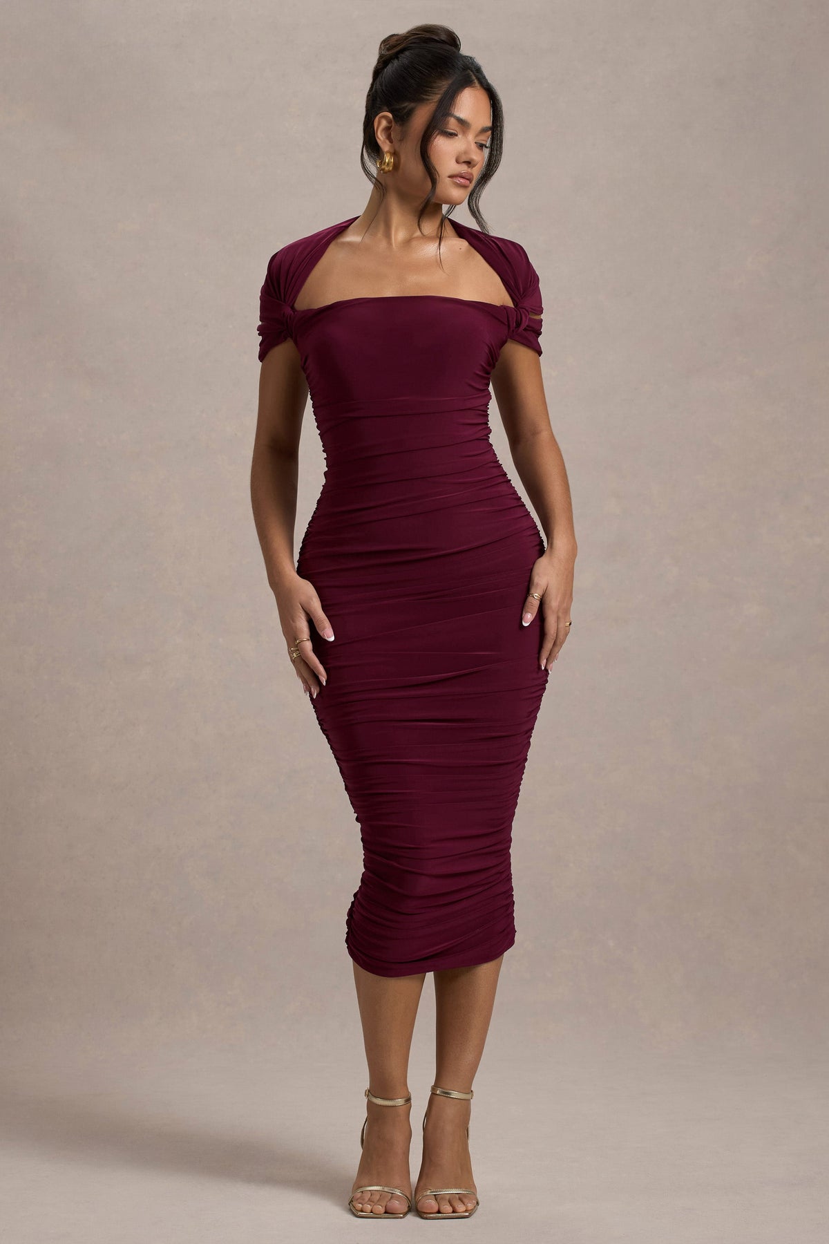 Paxos | Burgundy Ruched Short-Sleeve Midi Dress