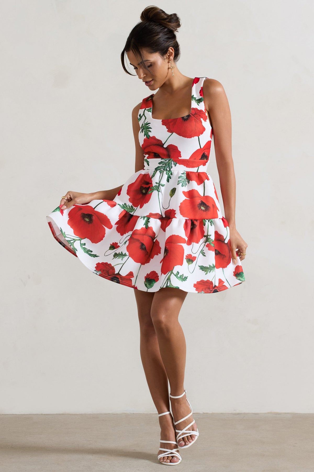 Alia | Poppy Print Scoop-Neck Tiered Volume Hem Mini Dress