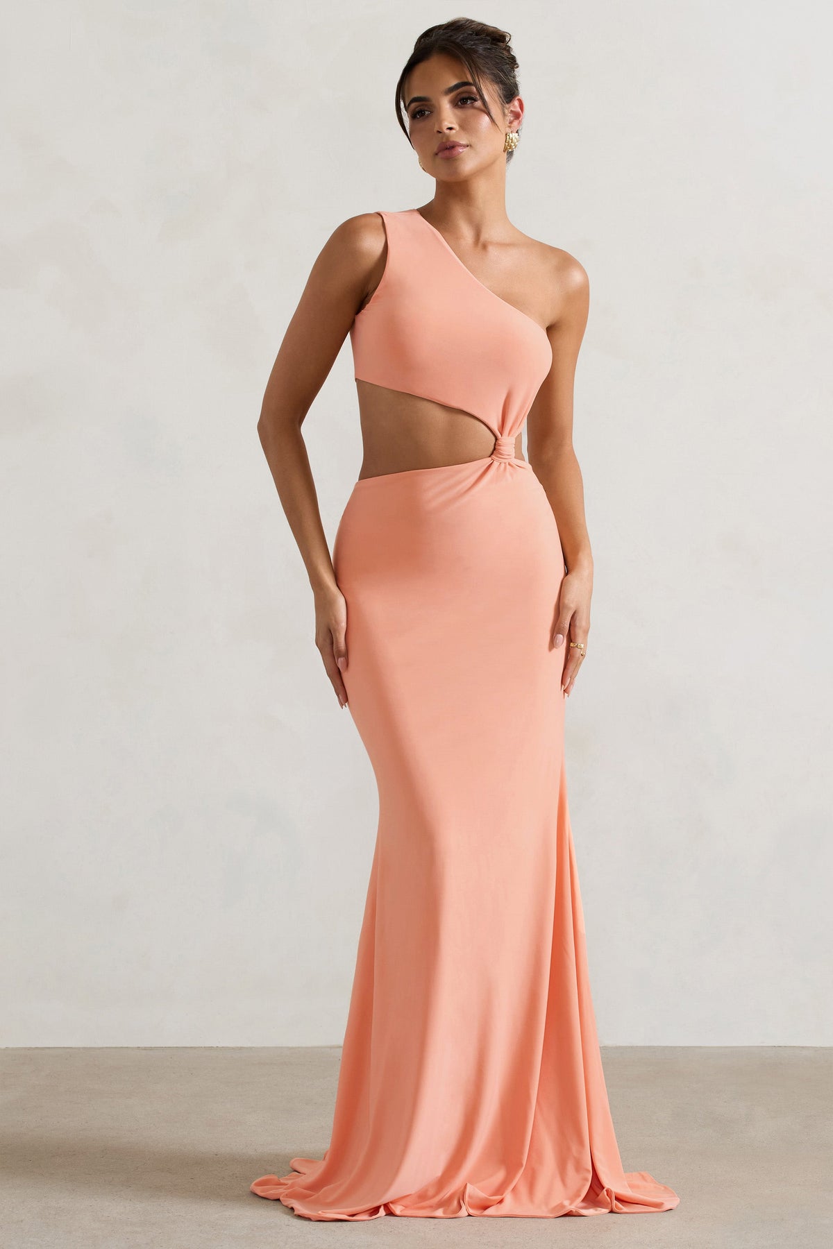 Aspyn Peach Asymmetric Twisted Cut Out Fishtail Maxi Dress Club L London UAE