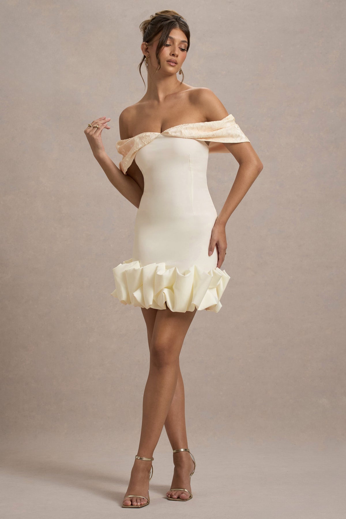 Alegre | Ecru Jacquard Bardot Mini Dress With Ruffle Hem