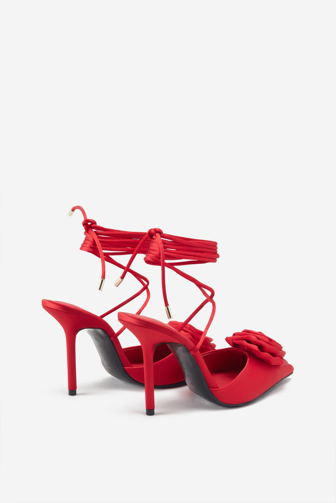 Clearly Red Satin Lace Up Stiletto Heels With Flowers