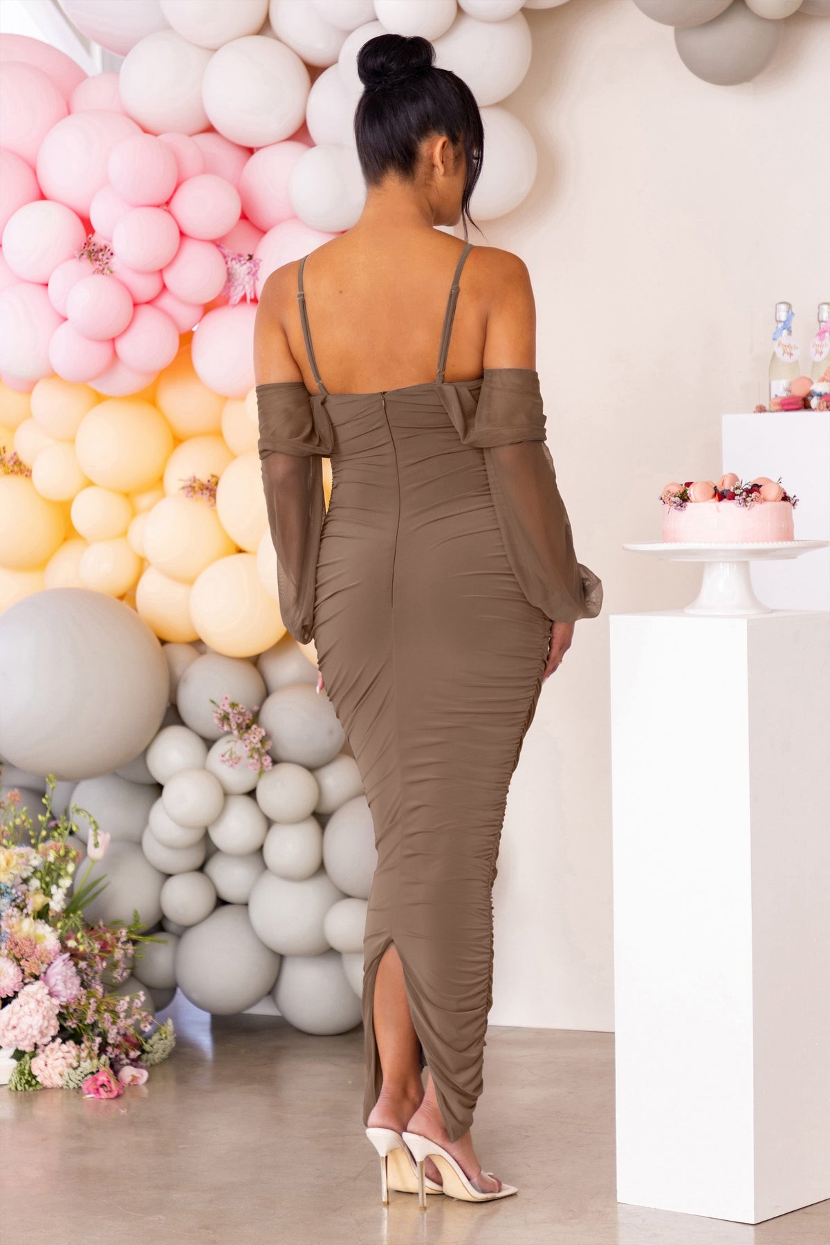 Announcement | Mocha Maternity Bardot Ruched Maxi Dress