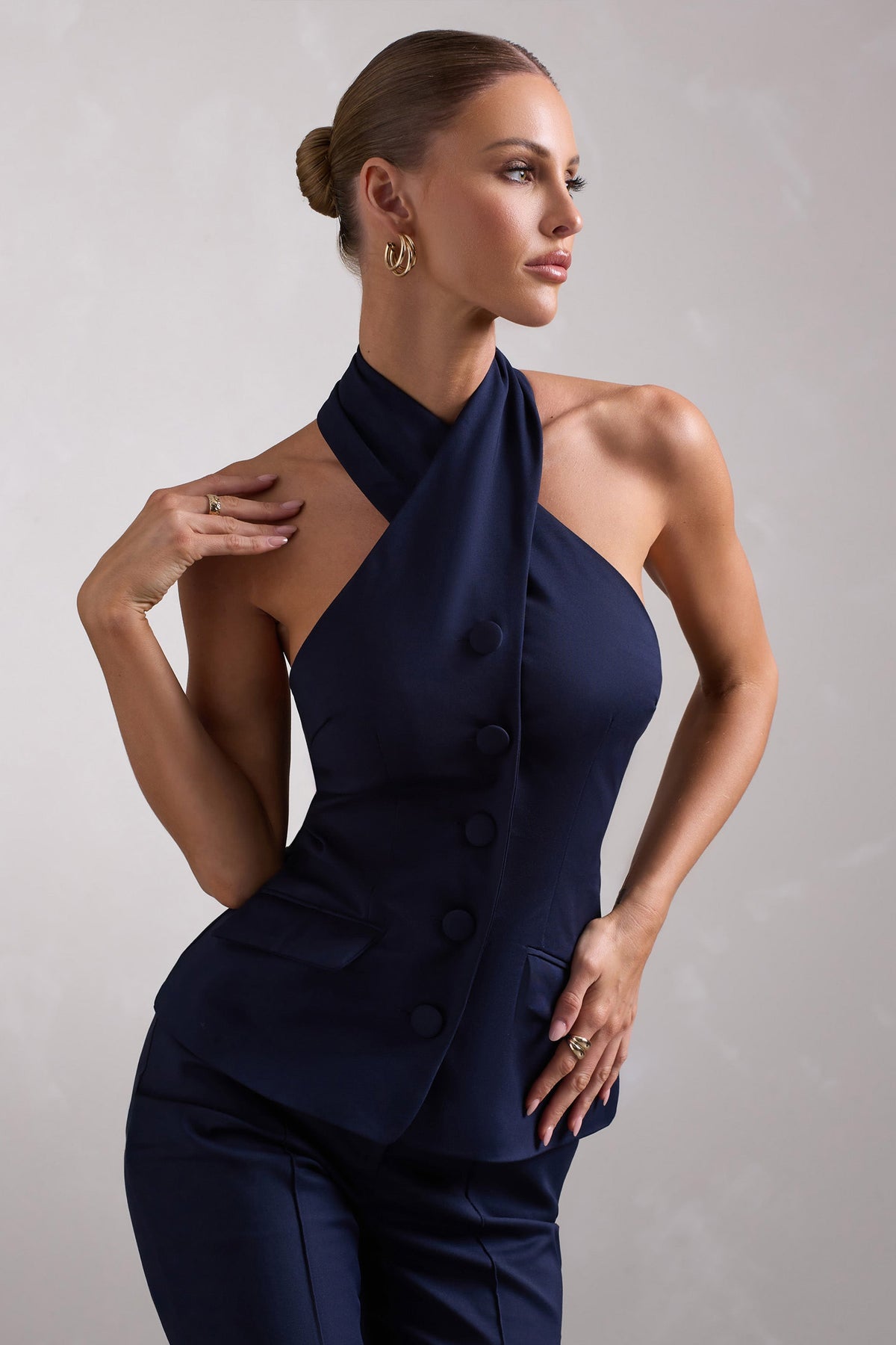 Remi Navy Cross Halter Neck Tailored Sleeveless Blazer Top Club L London UAE