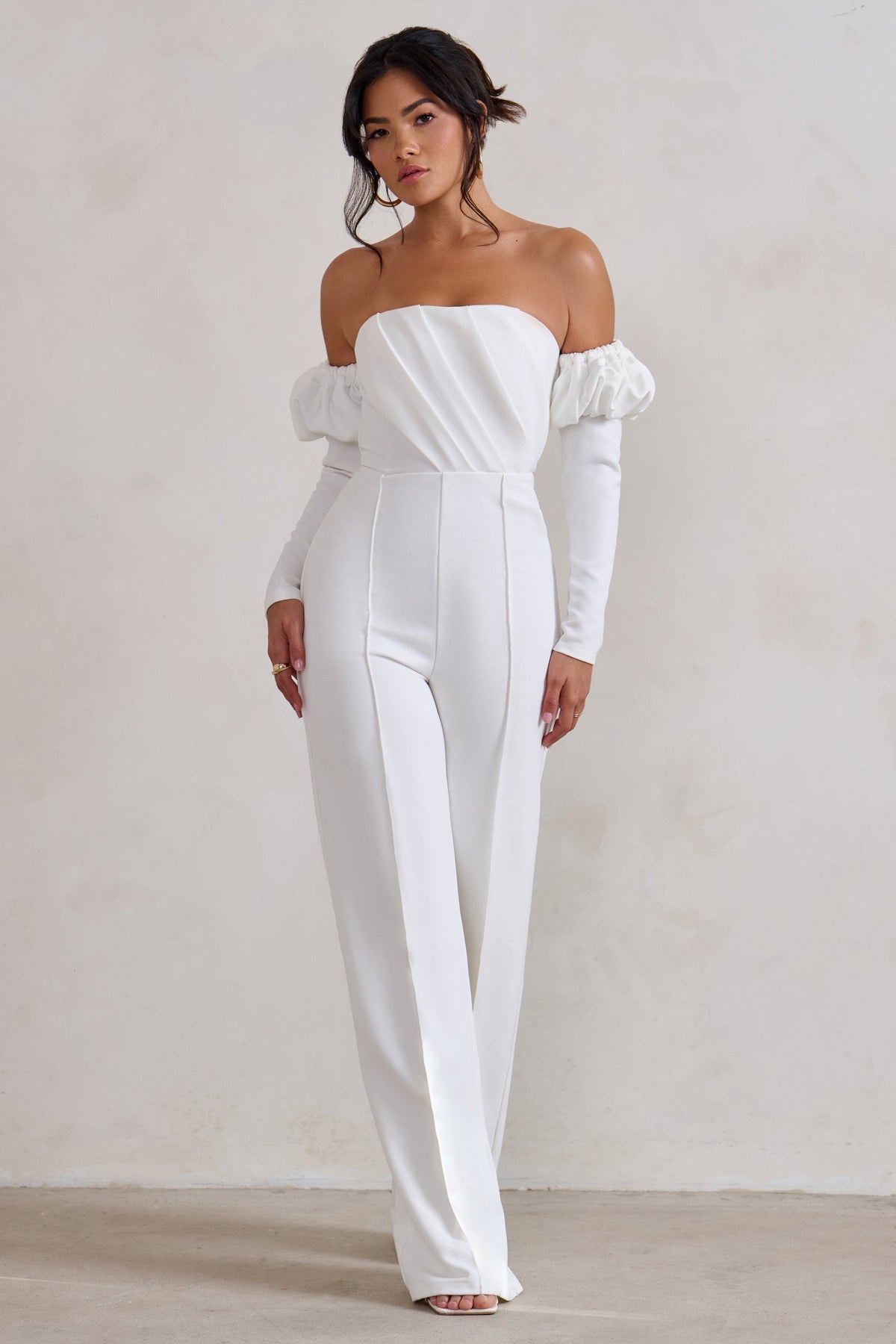 Reema | White Bardot Puff Long Sleeve Jumpsuit