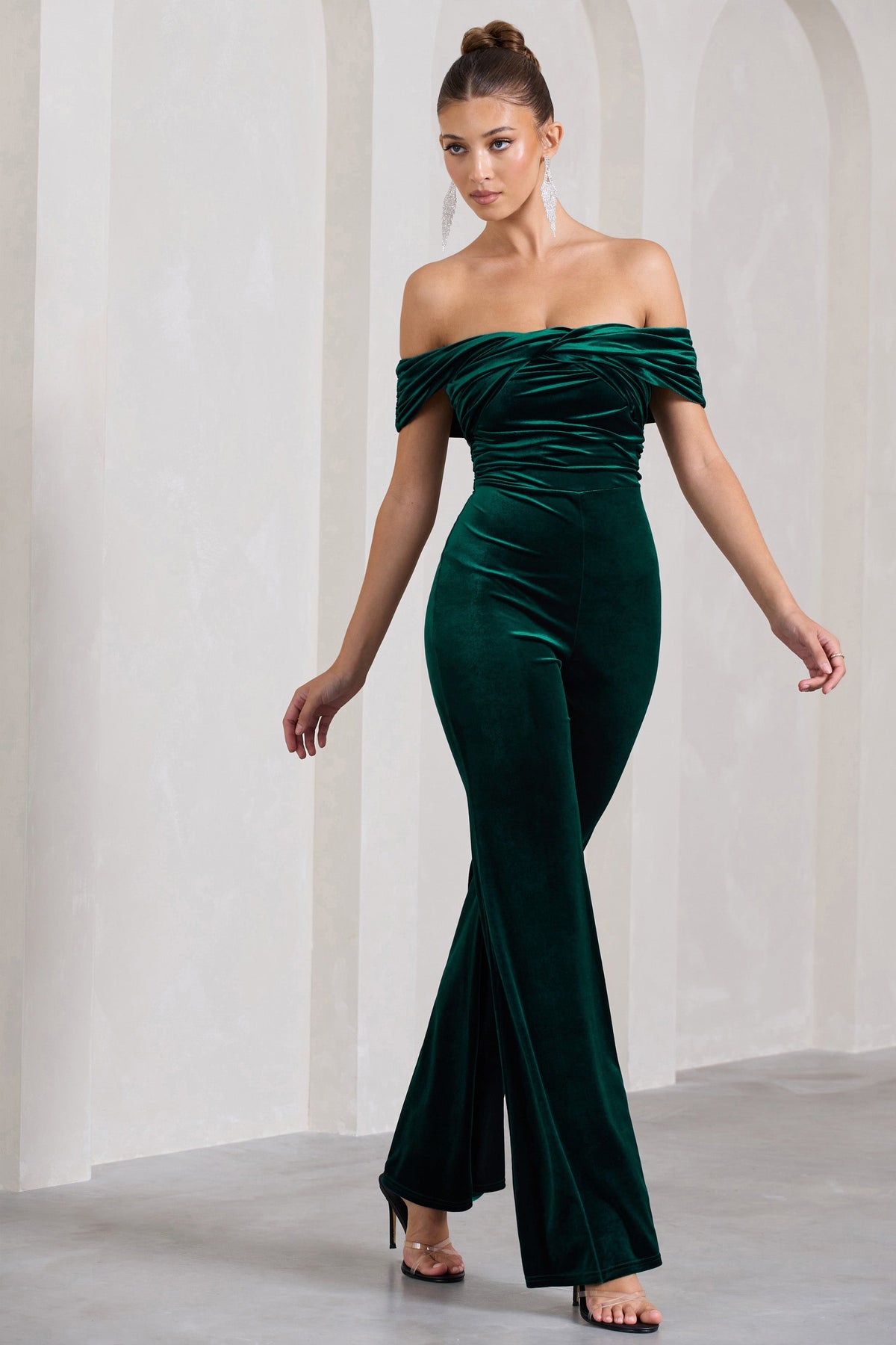 Recognition | Bottle Green Velvet Twisted Bardot Wide-Leg Jumpsuit