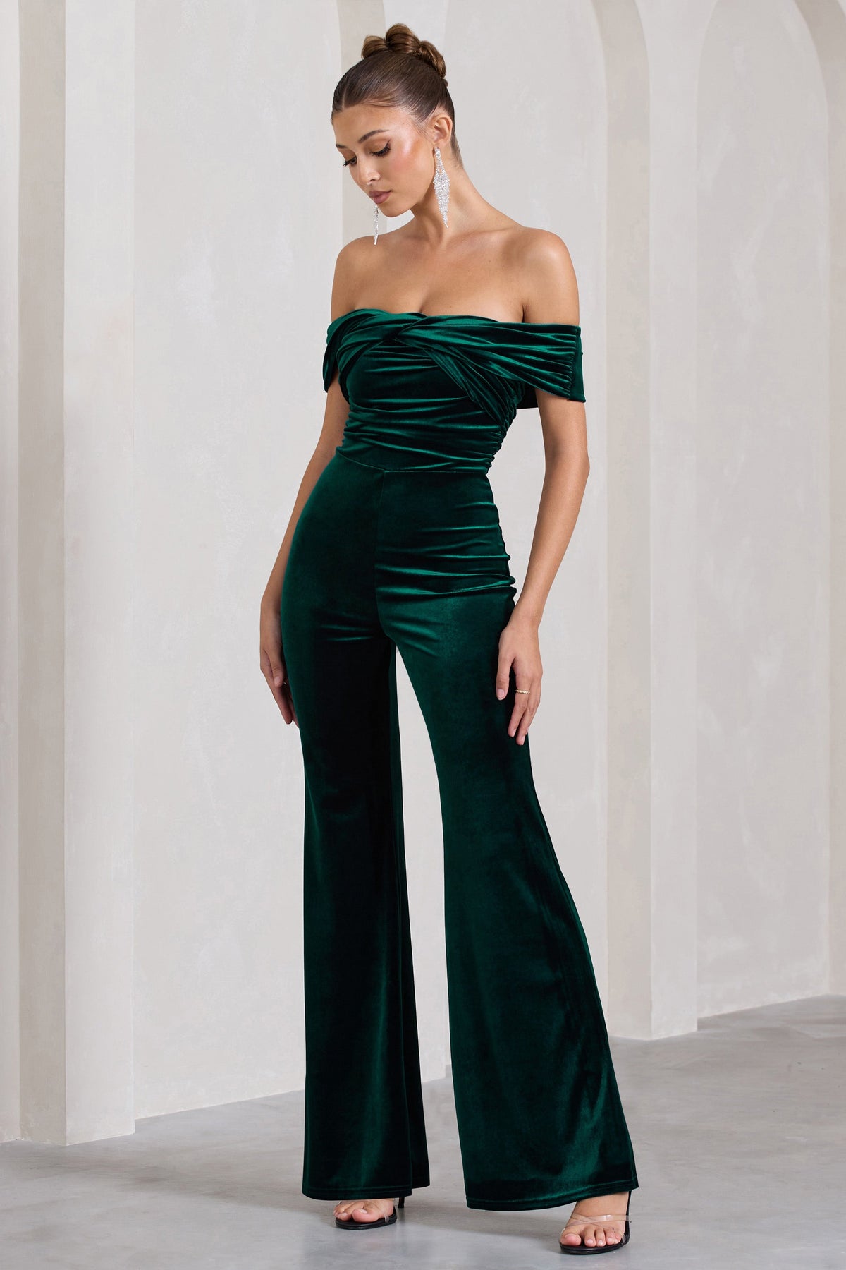 Recognition | Bottle Green Velvet Twisted Bardot Wide-Leg Jumpsuit