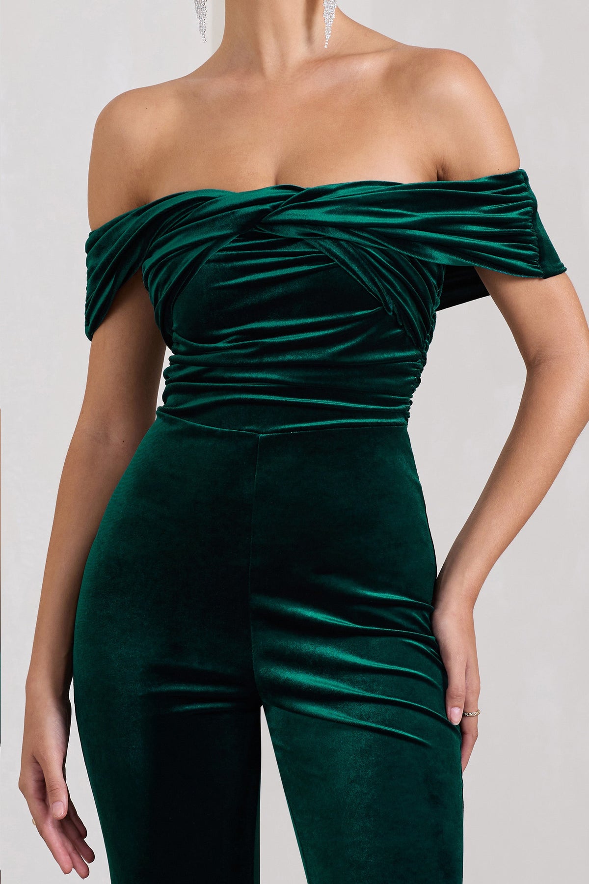 Recognition | Bottle Green Velvet Twisted Bardot Wide-Leg Jumpsuit