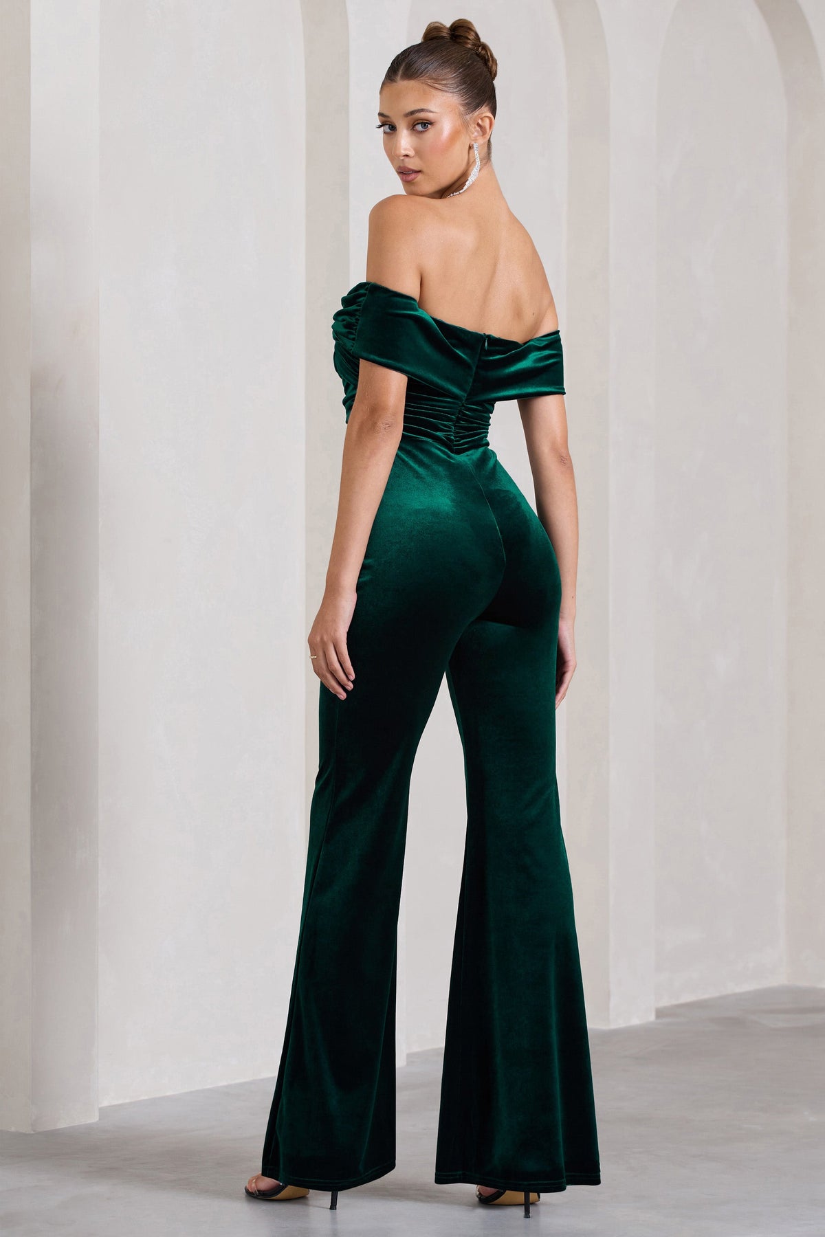 Recognition | Bottle Green Velvet Twisted Bardot Wide-Leg Jumpsuit