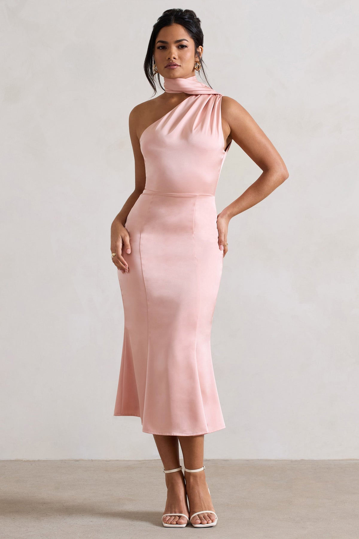 Golden Girl Blush Pink Satin One Shoulder High Neck Flared Midi Dres Club L London UAE