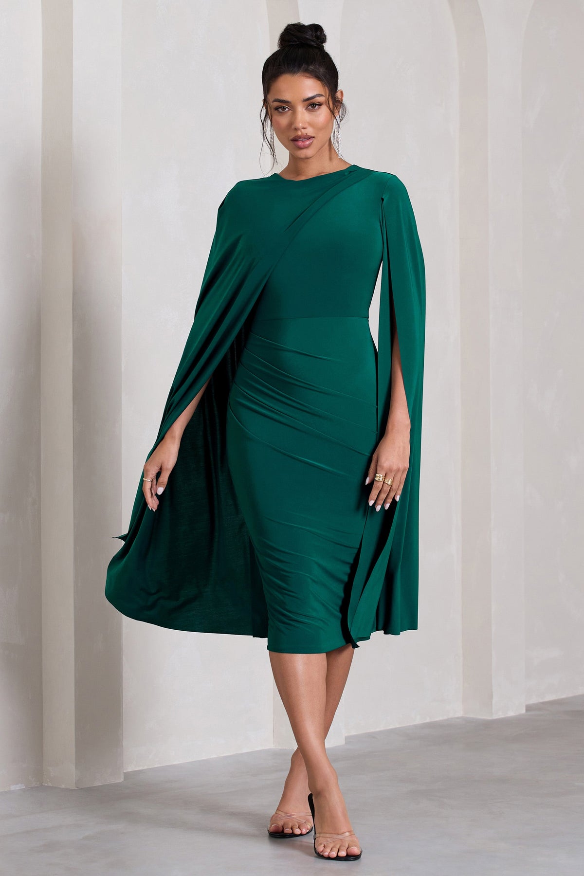 Marysol | Bottle Green Asymmetric Cape Midi Dress