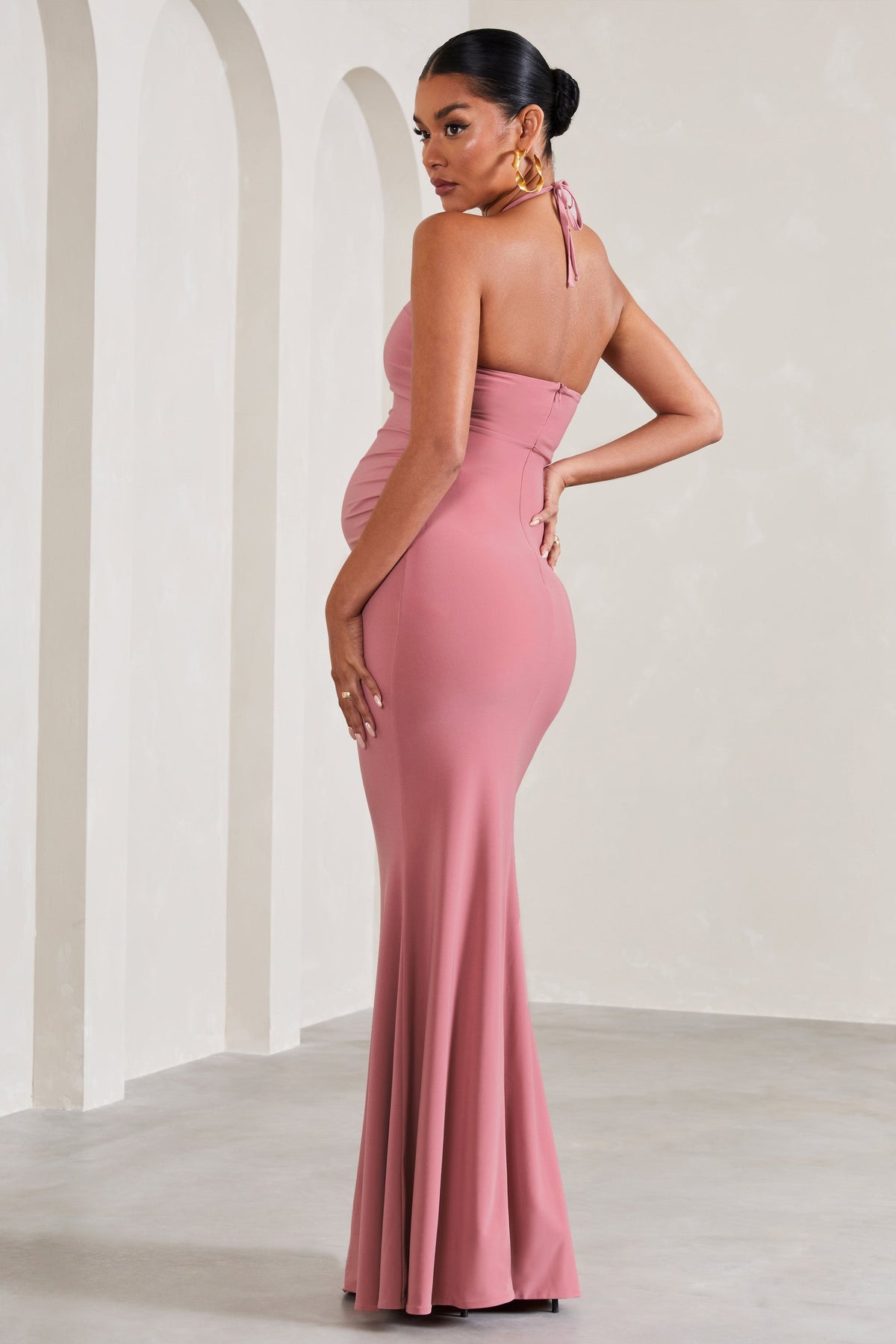 Loving | Blush Pink Halter-Neck Maternity Maxi Dress With Flower Corsage