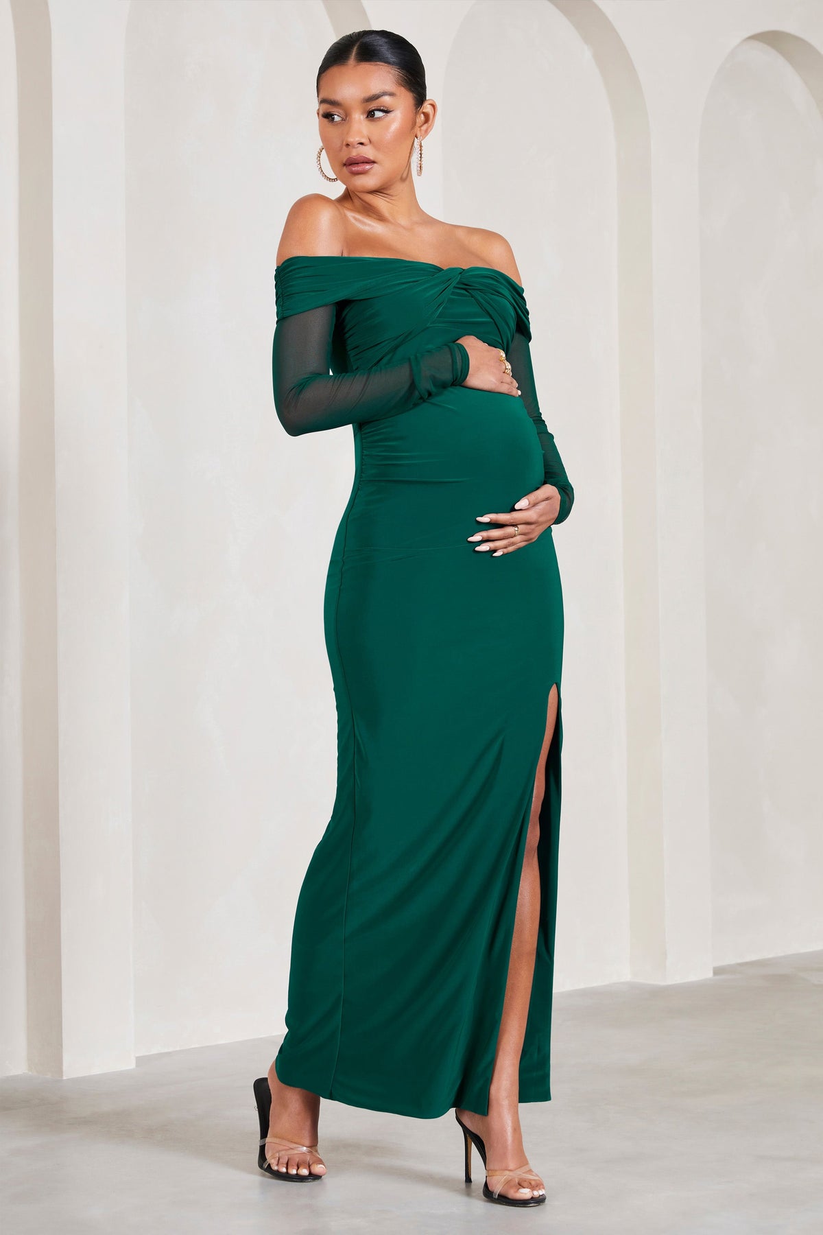 Elsie Bottle Green Bardot Long Sleeved Maternity Maxi Dress Club L London UAE