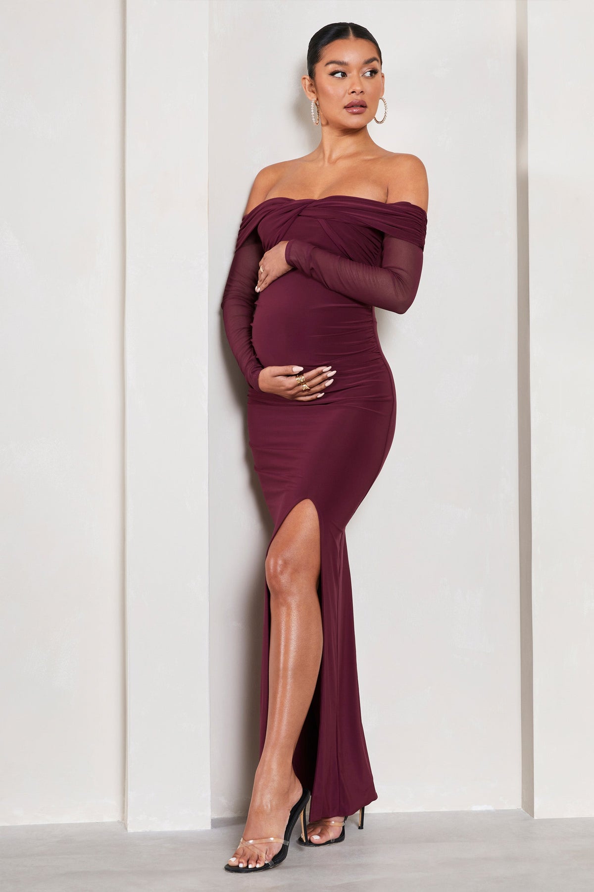 Elsie Burgundy Bardot Long Sleeved Maternity Maxi Dress Club L London UAE