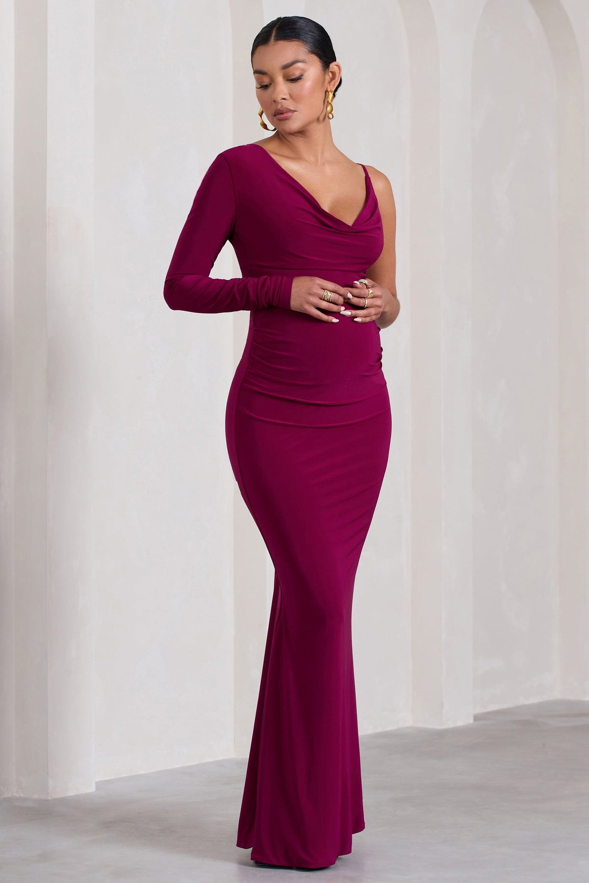 At Dusk | Berry Maternity One-Sleeved Cowl-Neck Fishtail Maxi Dress