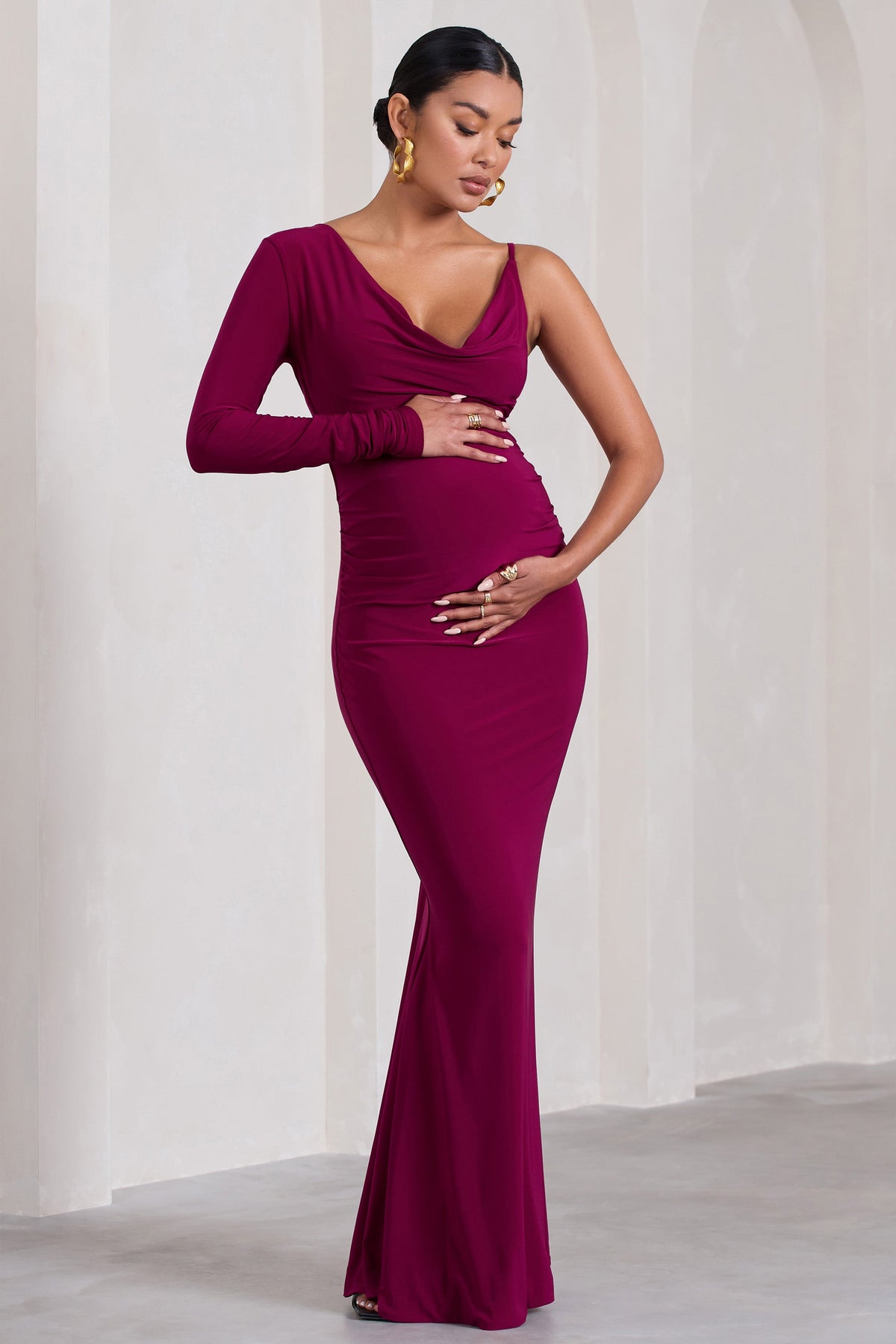 At Dusk | Berry Maternity One-Sleeved Cowl-Neck Fishtail Maxi Dress