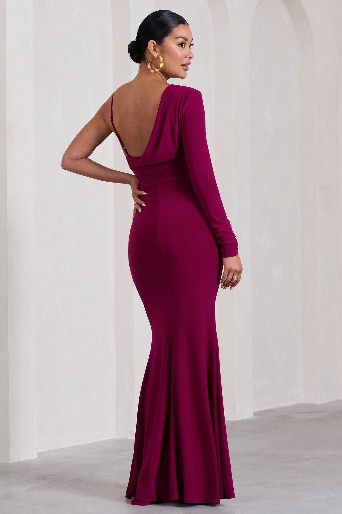 At Dusk | Berry Maternity One-Sleeved Cowl-Neck Fishtail Maxi Dress