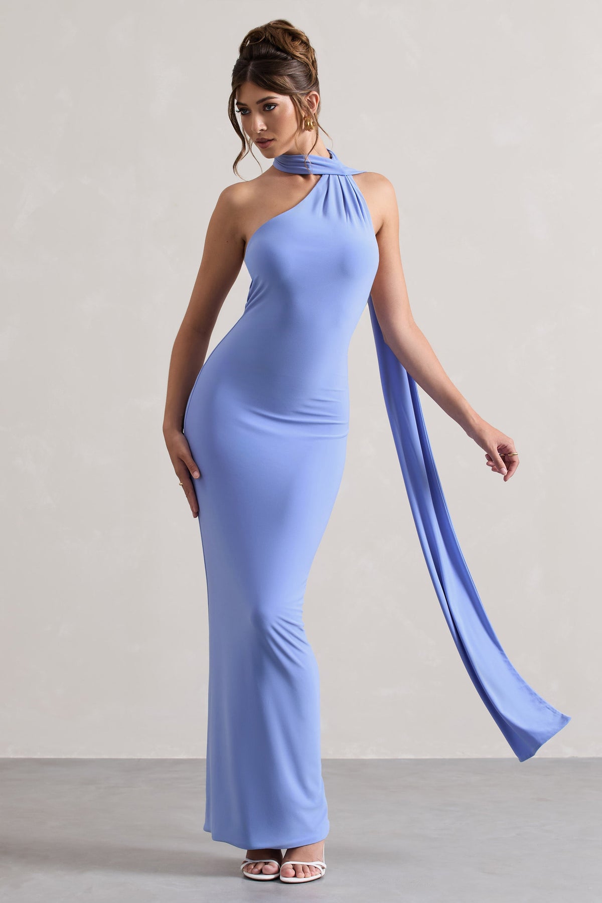 Miss | Pale Blue One Shoulder Backless Maxi Dress With Scarf