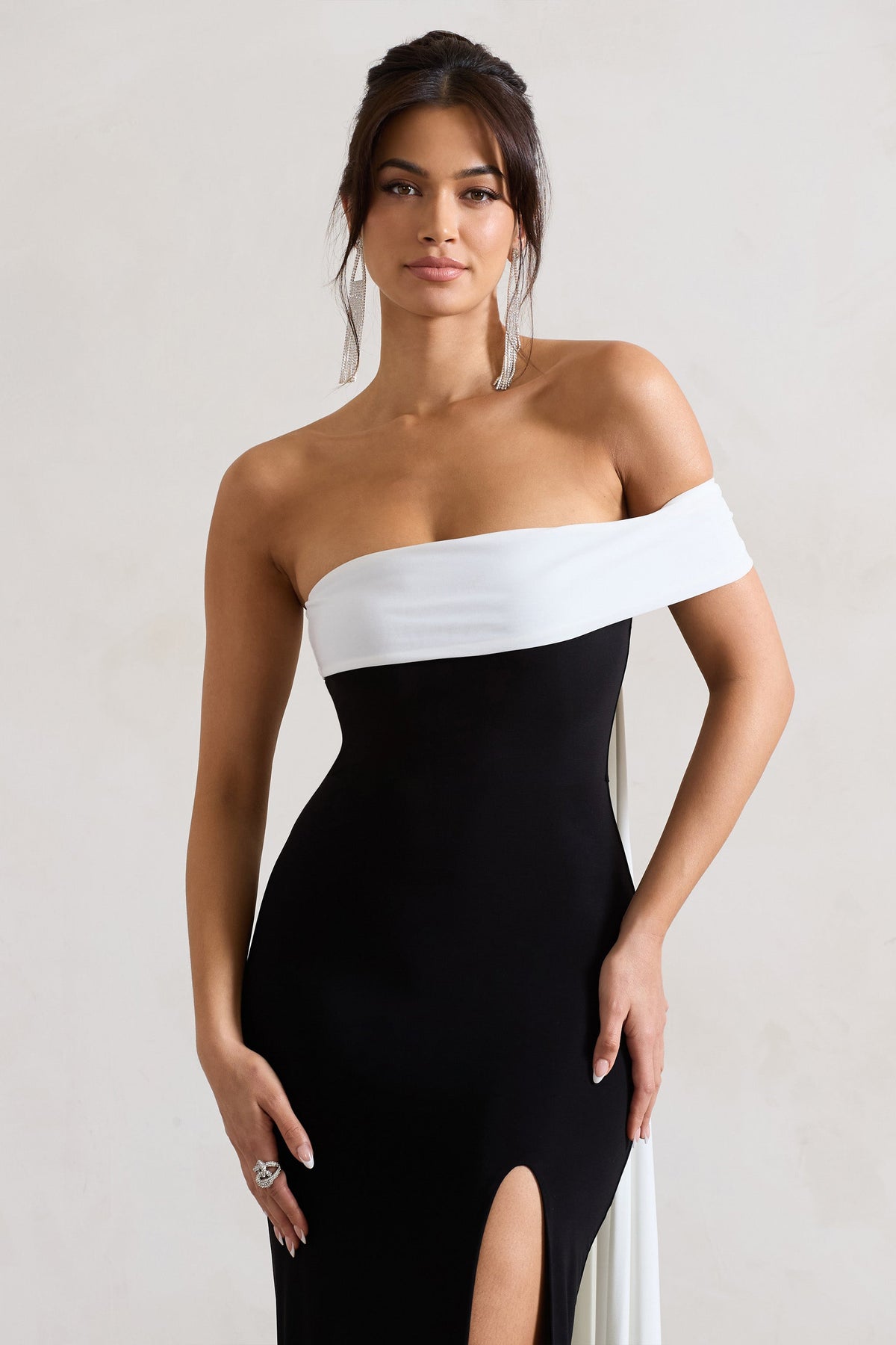Legacy Black White Bardot Split Maxi Dress With Drape Club L London UAE