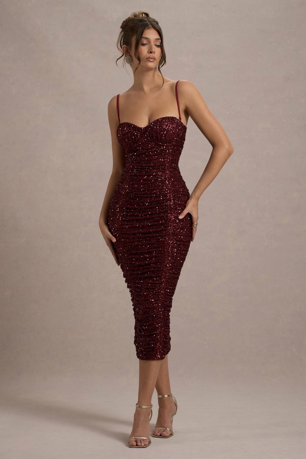 New Energy | Plum Sequin Strappy Ruched Bodycon Midi Dress