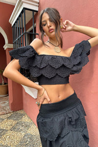 Breathtaking | Black Broderie Ruffled Bardot Crop Top