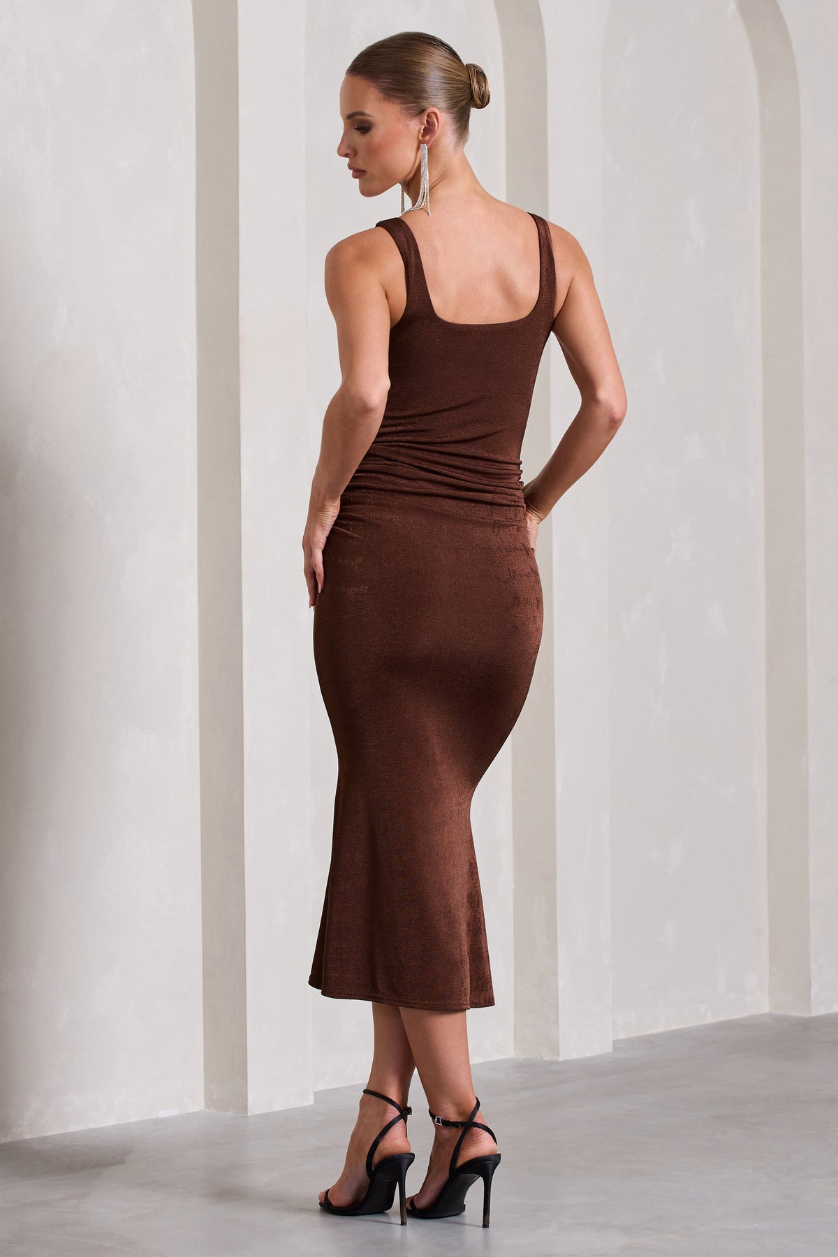 Evora | Chocolate Ruched Square-Neck  Midi Dress