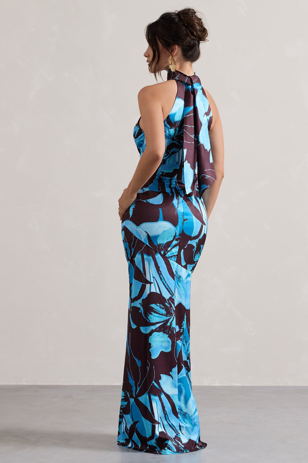 Adoria | Floral Print Satin High-Neck Maxi Dress