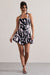 Zahra | Zebra Print Halter-Neck Ruched Mini Dress With Ruffle Hem
